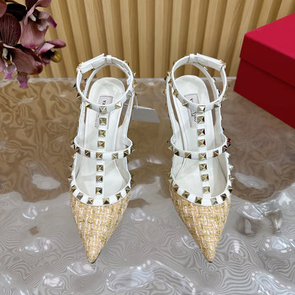Rockstud Pump In Dark Beige Mix White Pied-de-poule Fabric And Cowhide 95mm 102083