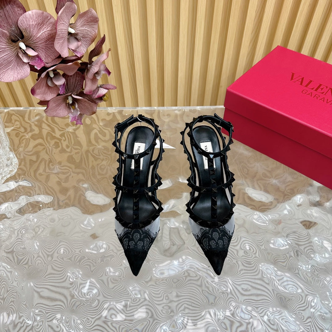 Rockstud Metallic Ankle Strap Pump 95mm Black Lambskin And Lace Fabric 102095