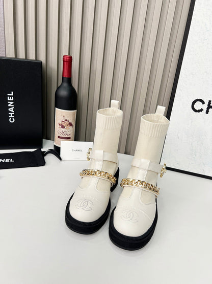 CC 26s Combat Sock Boots White Calfskin Ribbed Knit 924506
