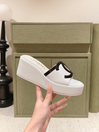 CC 26s Platform Mules Black White Patent Leather Lambskin 916987