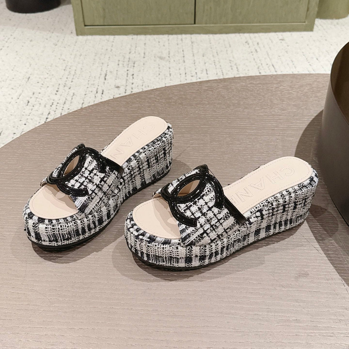 CC 26s Platform Mules Black White Lambskin Fabric 916993