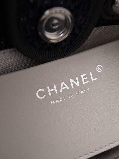 Chanel 2026 Mini Deauville Tote Bag 24cm Black Wool Leather Canvas