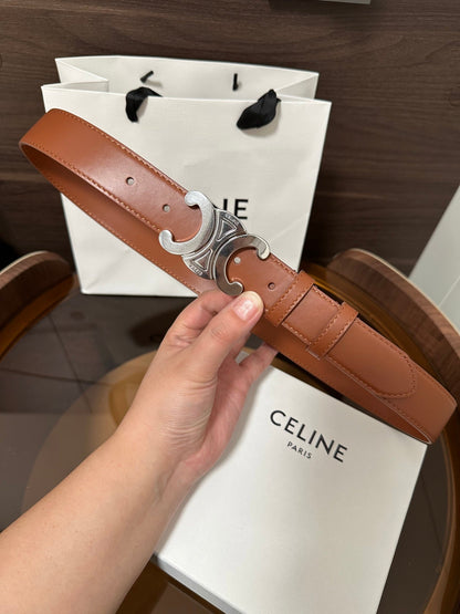 TRIOMPHE BELT 30MM IN BROWN CALFSKIN WITH SILVER BUCKLE