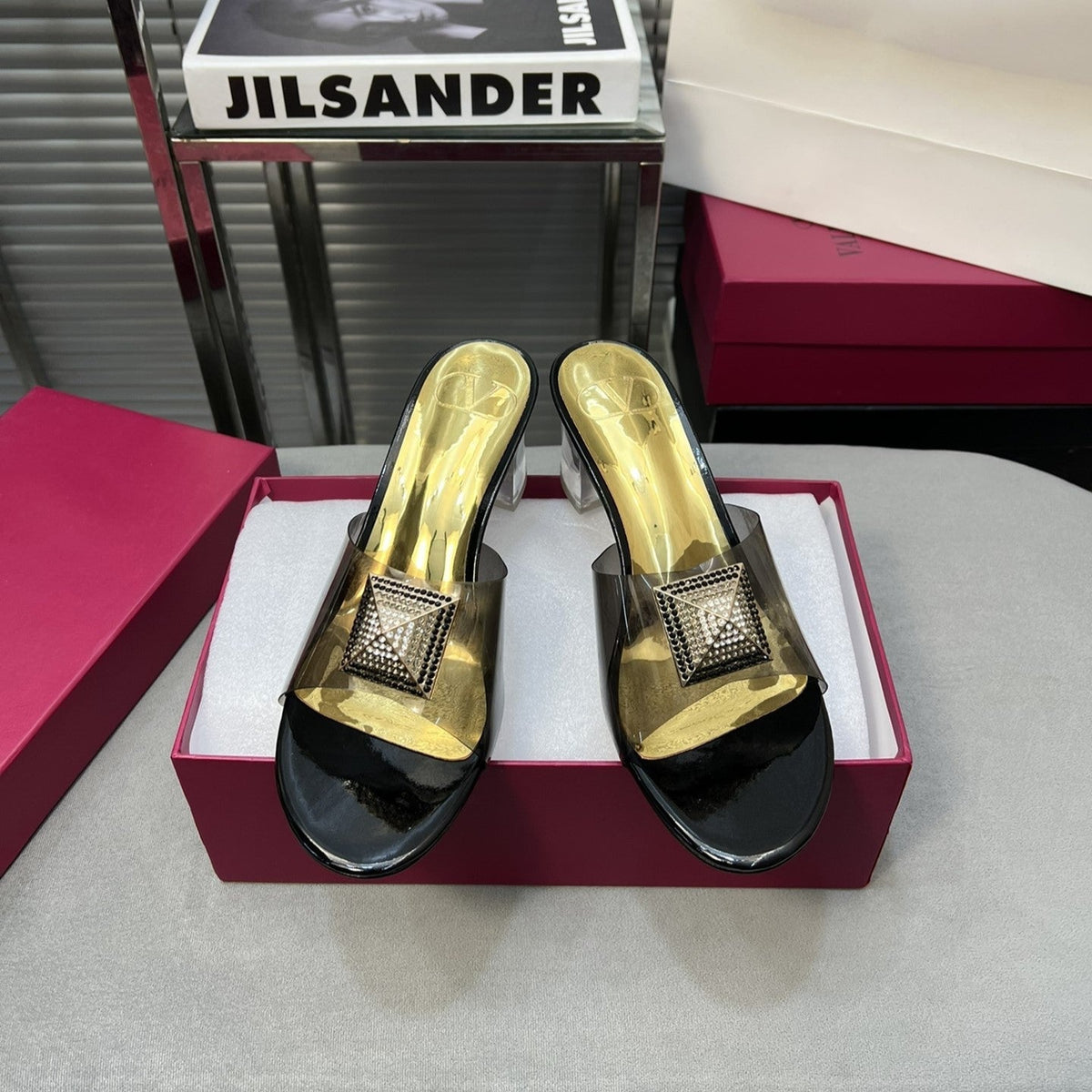 Heeled Sandals 6cm with Crystal Square Buckle Gold and Black