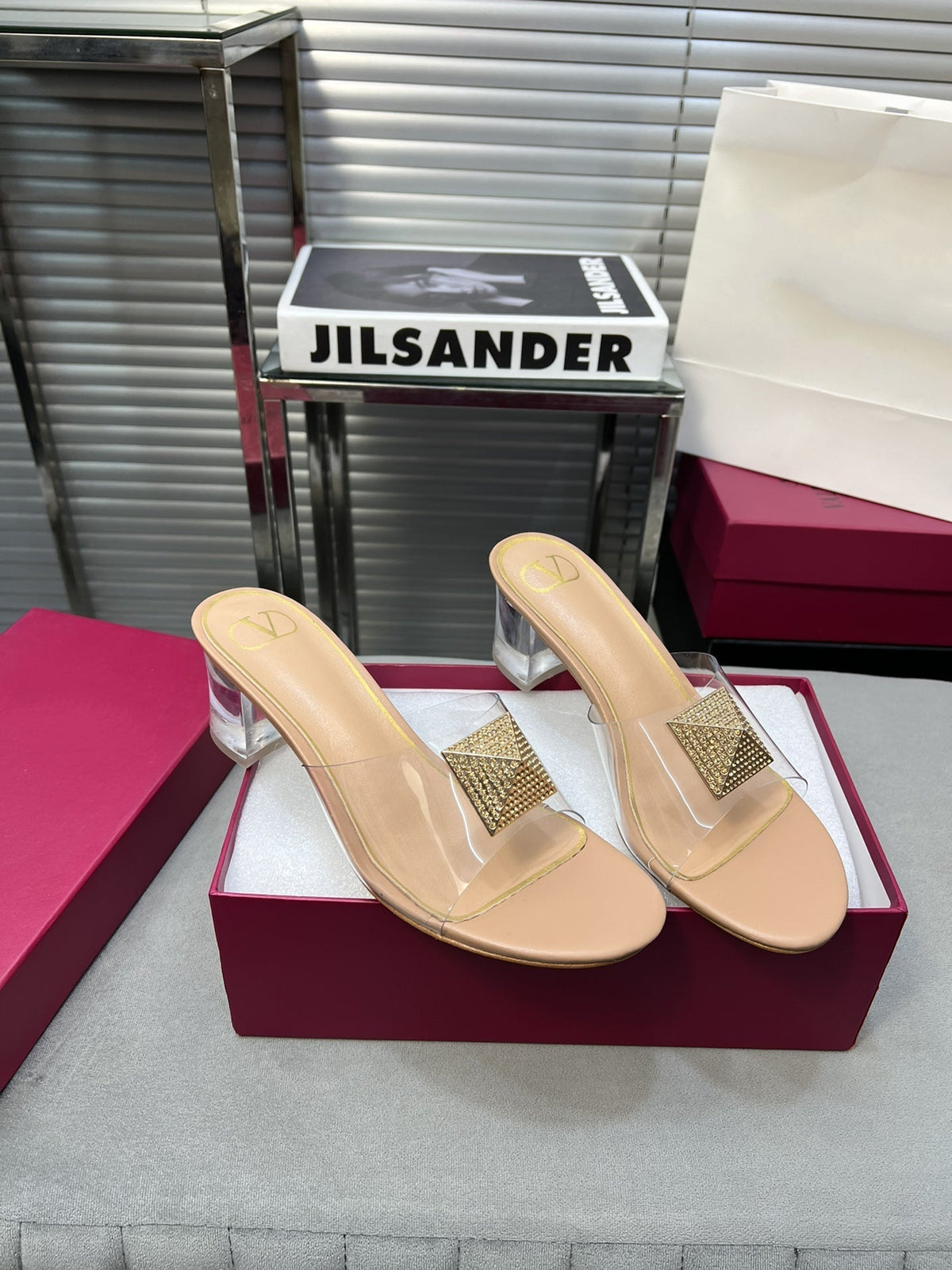 Heeled Sandals 6cm with Crystal Square Buckle Beige