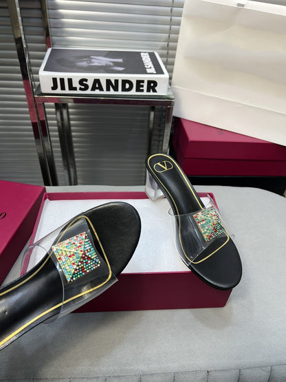 Heeled Sandals 6cm with Crystal Square Buckle Black