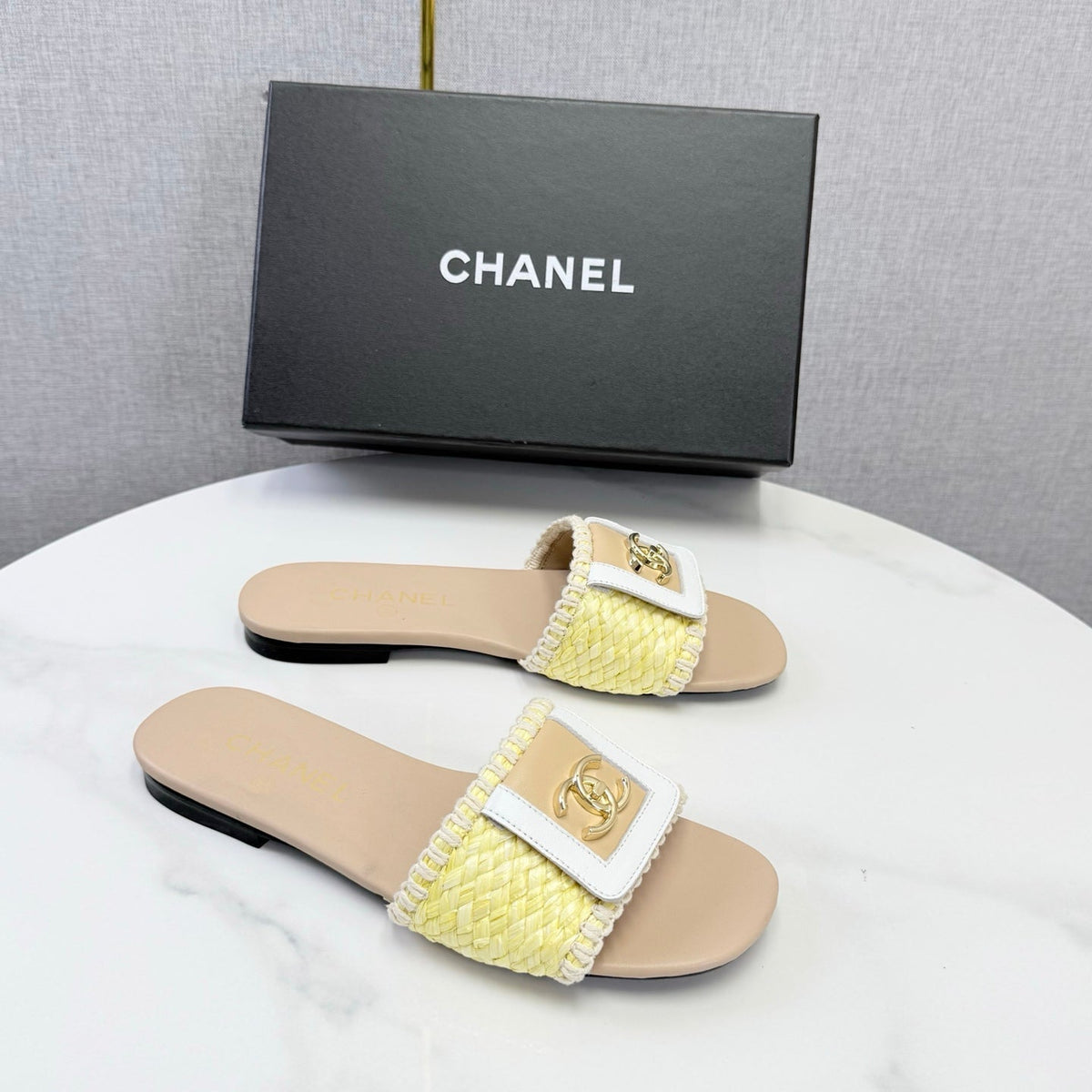 Chanel 26s Woven Strap Slides Yellow Beige Lambskin