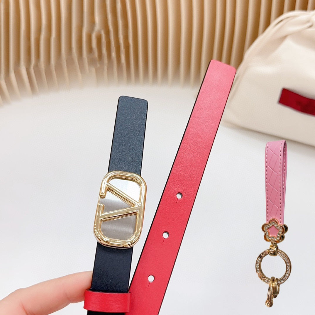 Gold Vlogo and Silver Hardware Buckle Black Red Calfskin 20mm