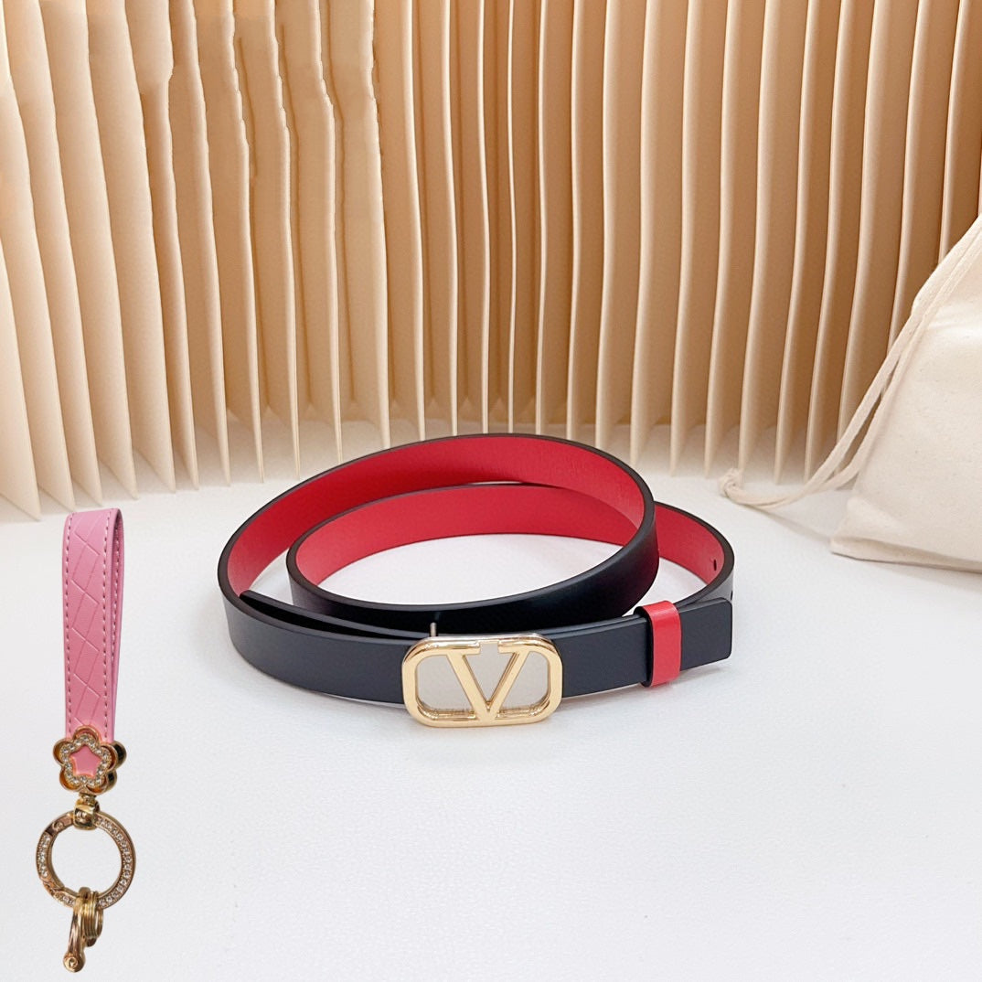 Gold Vlogo and Silver Hardware Buckle Black Red Calfskin 20mm