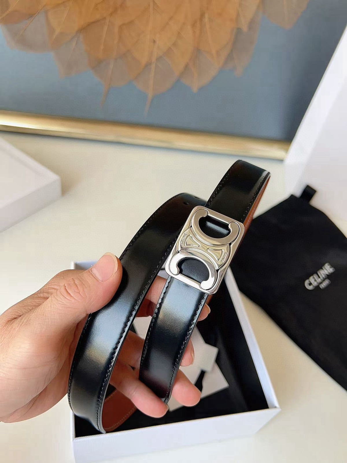 CELINE 26S BELT 25 MM IN BLACK AND BROWN CALFSKIN 636400