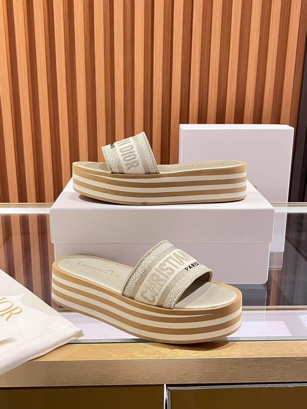 CD Dway Platform Slide Beige Brown Fabric with Lambskin 242442
