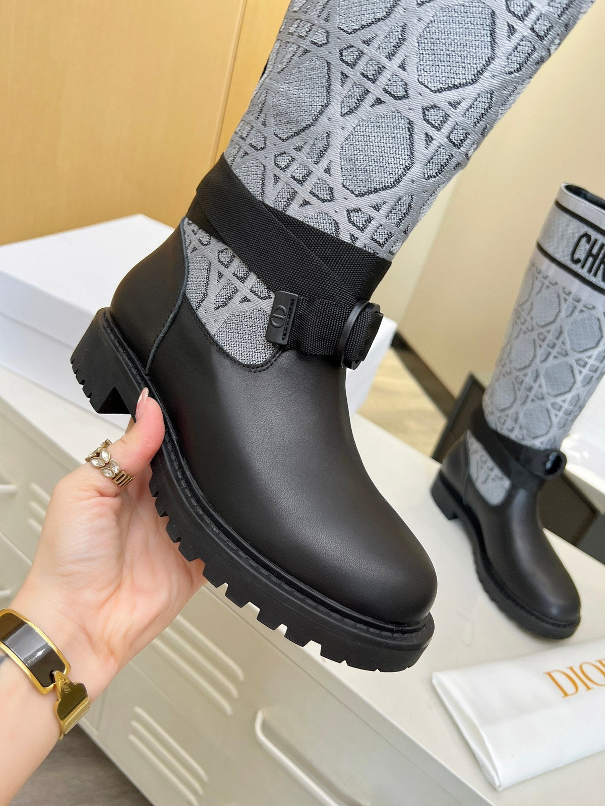 D-Major Boot In Grey Mix Black Denim Fabric And Lambskin 107717