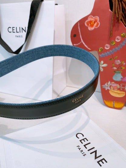 CELINE 26S BELT 25 MM IN BLUE DENIM AND BLACK CALFSKIN 631596