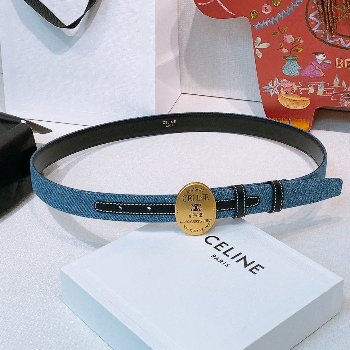 CELINE 26S BELT 25 MM IN BLUE DENIM AND BLACK CALFSKIN 631596