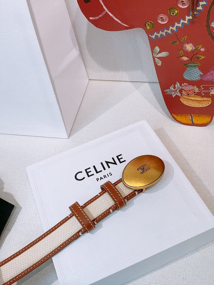 Celine Triomphe Oval Belt 2.5cm Brown White Gold Canvas 203763
