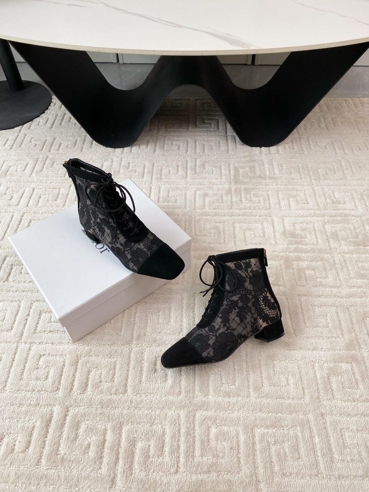 CD Naughtily-D Heeled Ankle Boot Black Transparent Mesh Roses Embroidery And Suede