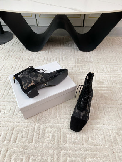 CD Naughtily-D Heeled Ankle Boot Black Transparent Mesh Roses Embroidery And Suede