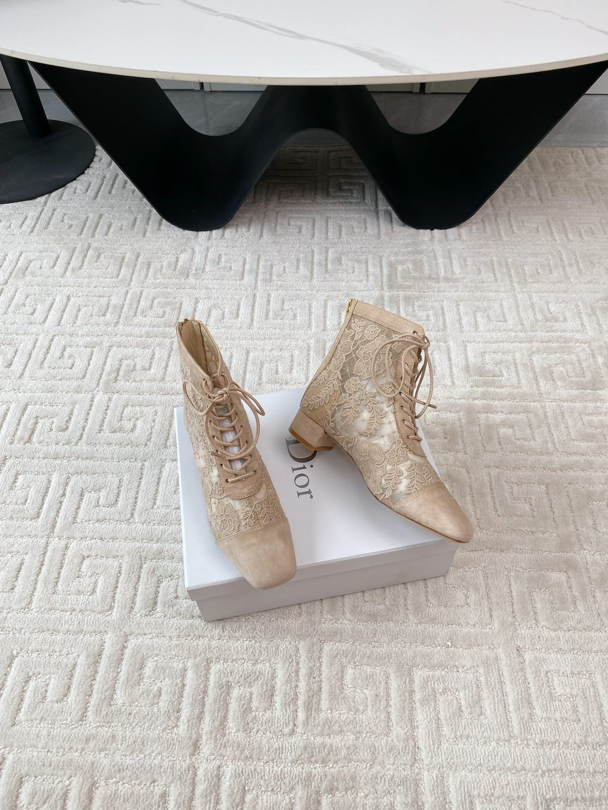 CD Naughtily-D Heeled Ankle Boot Beige Transparent Mesh Roses Embroidery And Suede