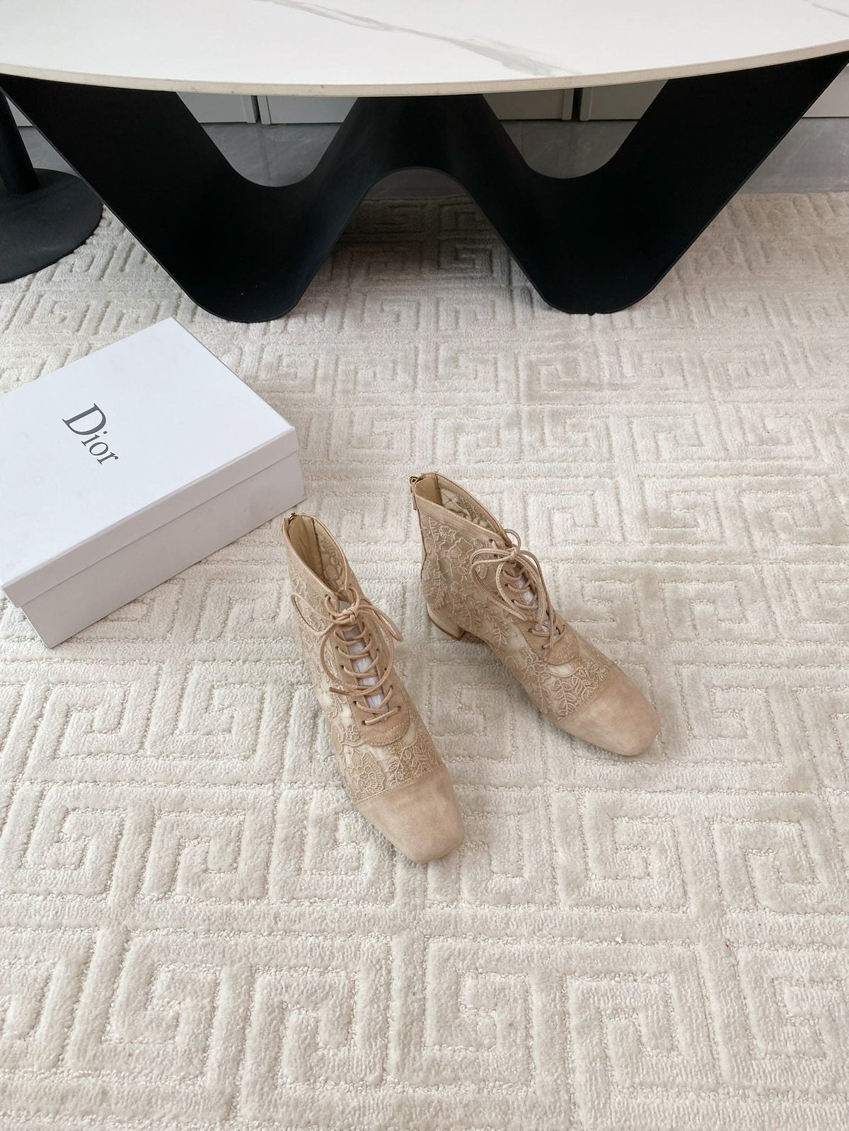 CD Naughtily-D Heeled Ankle Boot Beige Transparent Mesh Roses Embroidery And Suede