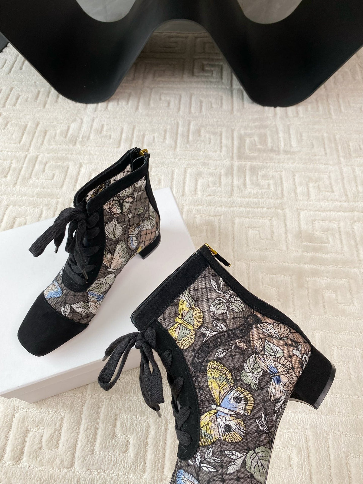 CD Naughtily-D Heeled Ankle Boot Black Mix Yellow Blue Transparent Mesh Butterfly And Suede