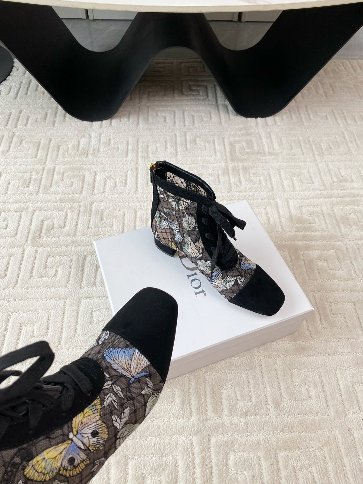 CD Naughtily-D Heeled Ankle Boot Black Mix Yellow Blue Transparent Mesh Butterfly And Suede