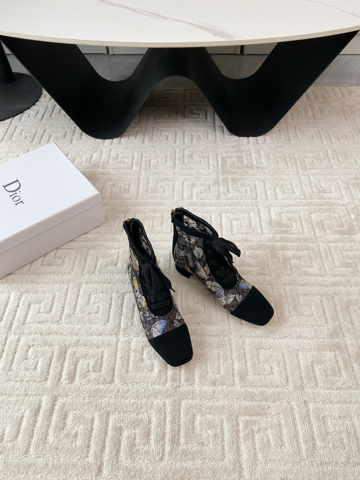 CD Naughtily-D Heeled Ankle Boot Black Mix Yellow Blue Transparent Mesh Butterfly And Suede