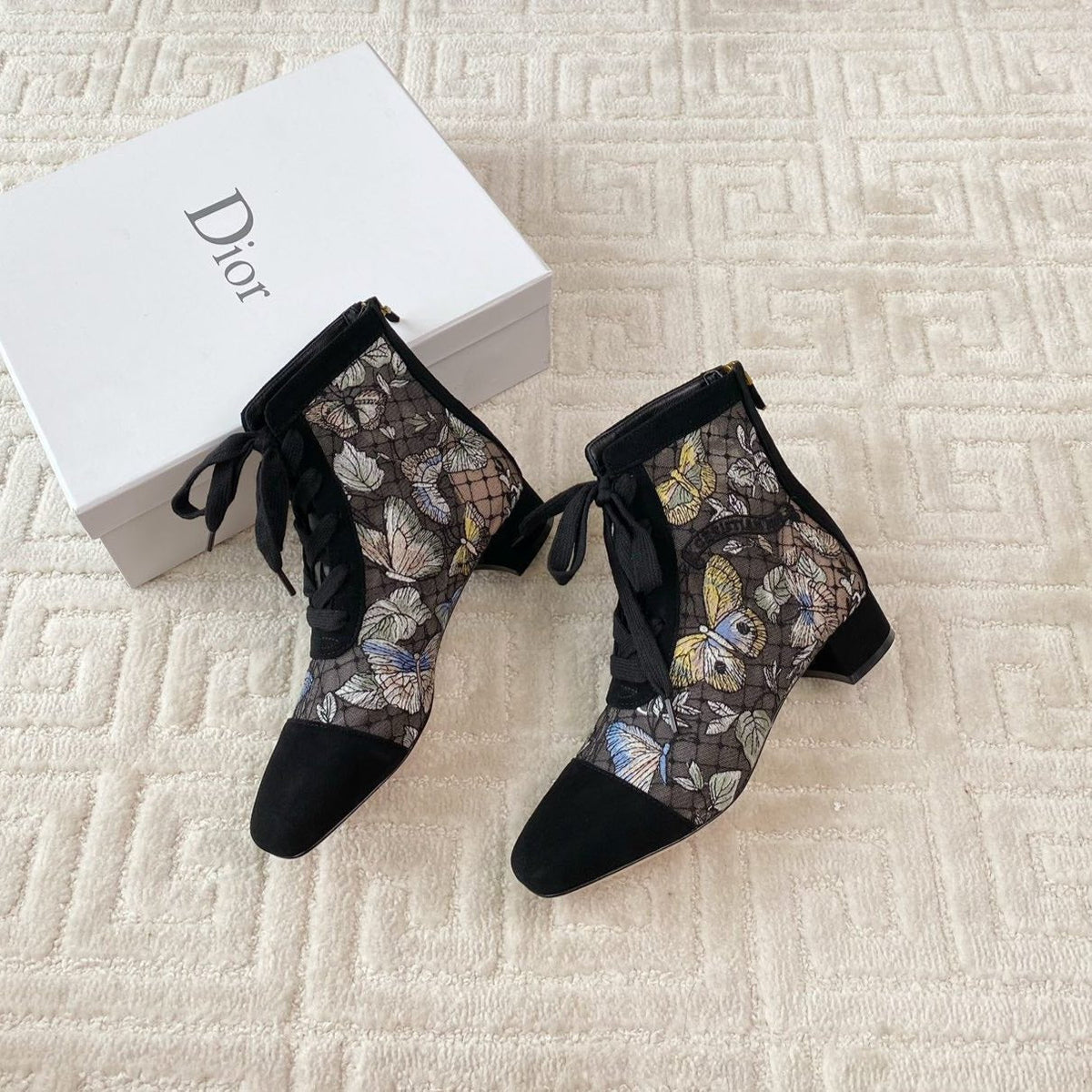 CD Naughtily-D Heeled Ankle Boot Black Mix Yellow Blue Transparent Mesh Butterfly And Suede