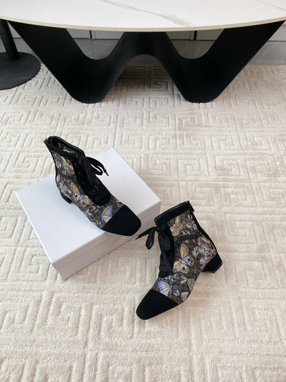 CD Naughtily-D Heeled Ankle Boot Black Mix Yellow Blue Transparent Mesh Butterfly And Suede