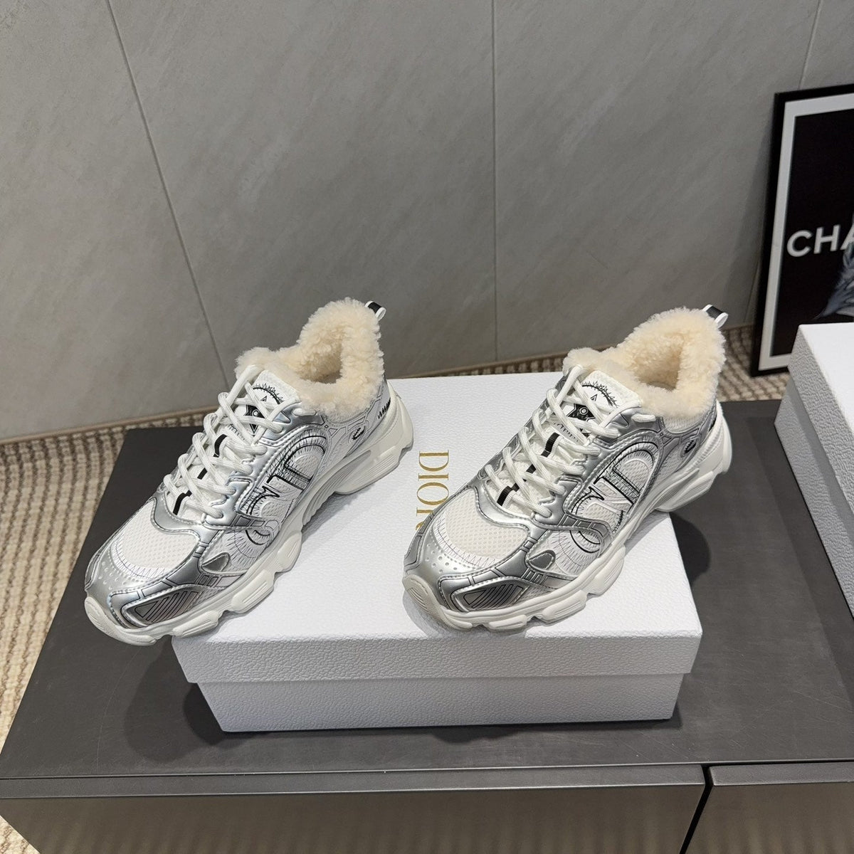 CD platform casual sneaker white sliver wool suede mesh 539676