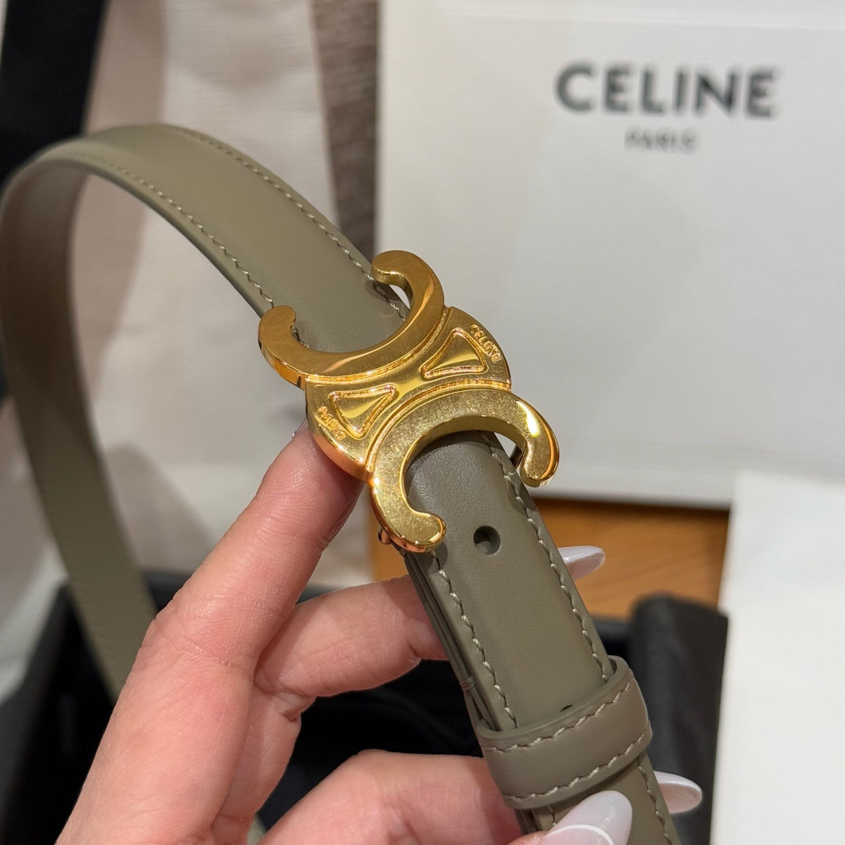 CEL Triomphe Belt 18mm Etoupe Gold Calfskin 187492
