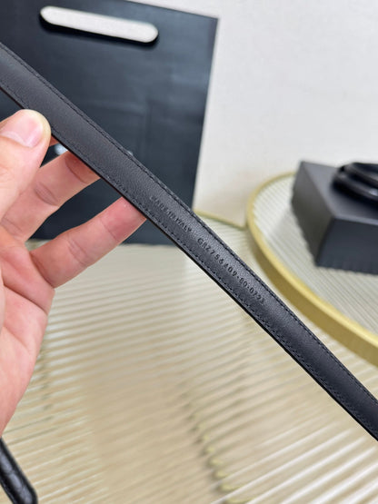 YSL 1.5 Gold Oval Buckle Belt Black Embossed Leather 200477