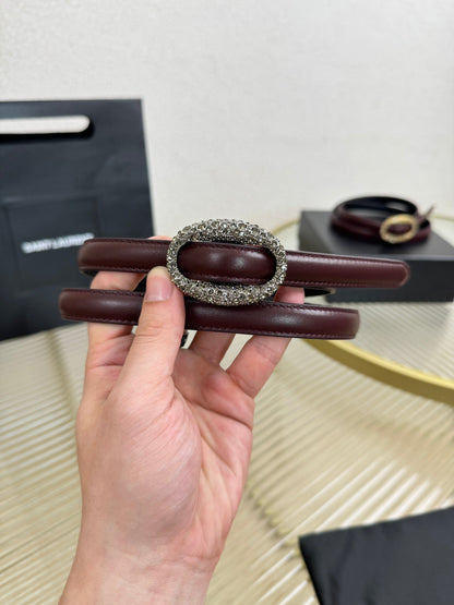 YSL 1.5 Sliver Oval Buckle Belt Burgundy Leather 200482