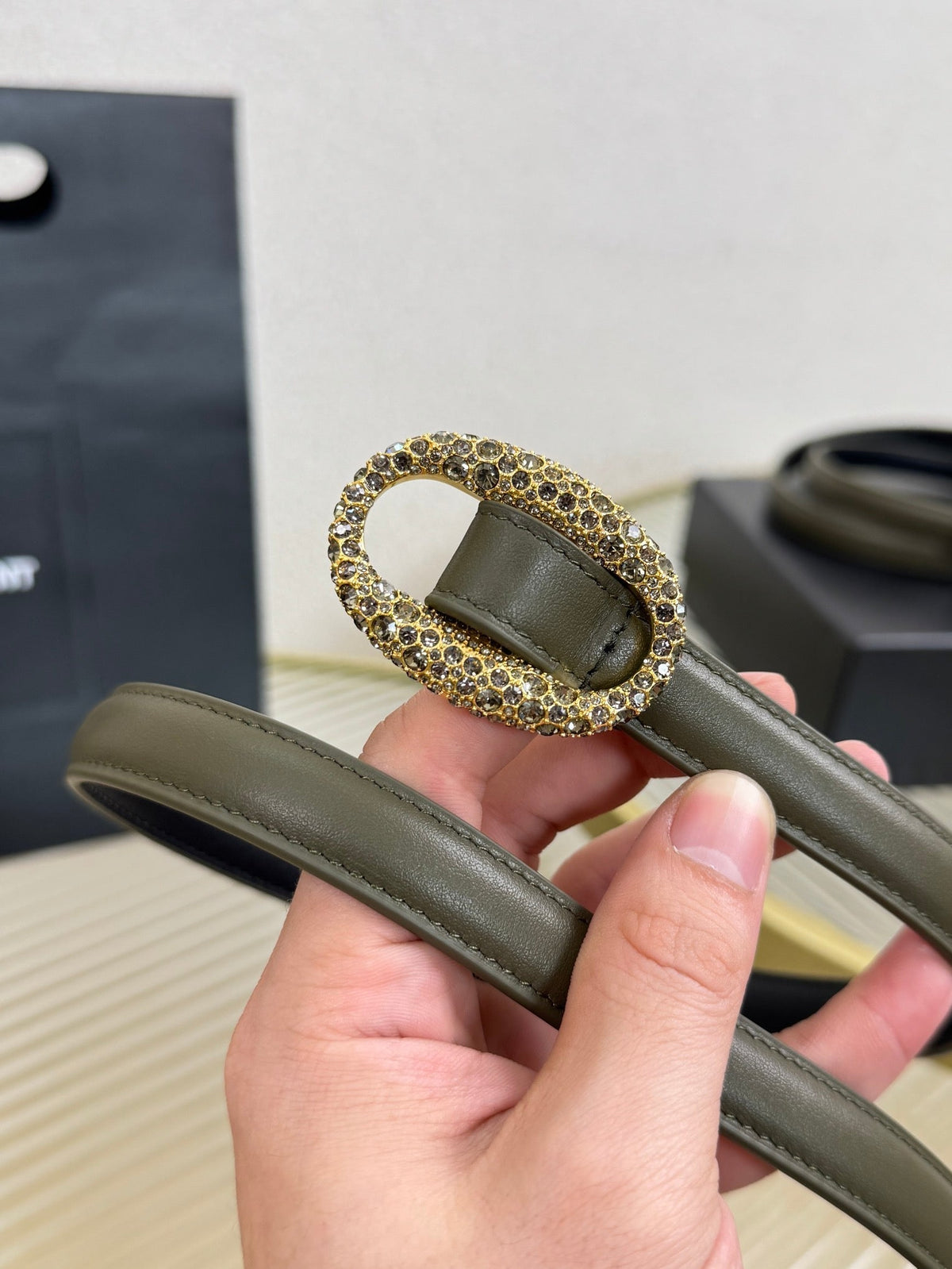 YSL 1.5 Gold Oval Buckle Belt Olive Green Leather 200479