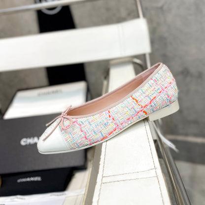 CC Bow Ballet Flats White Colorful Tweed Lambskin 818100