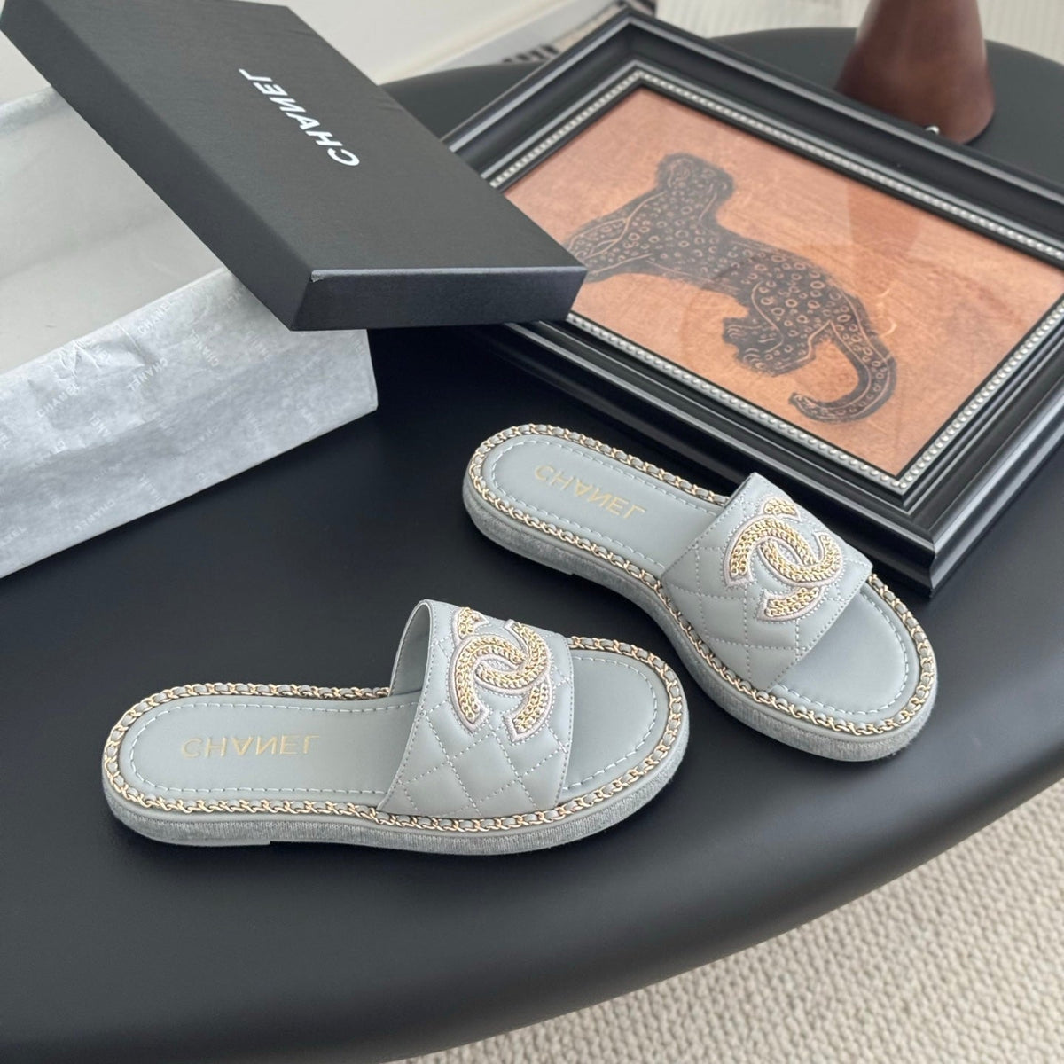CC Slipper In Beau Blue Calfskin Mix Chain Base