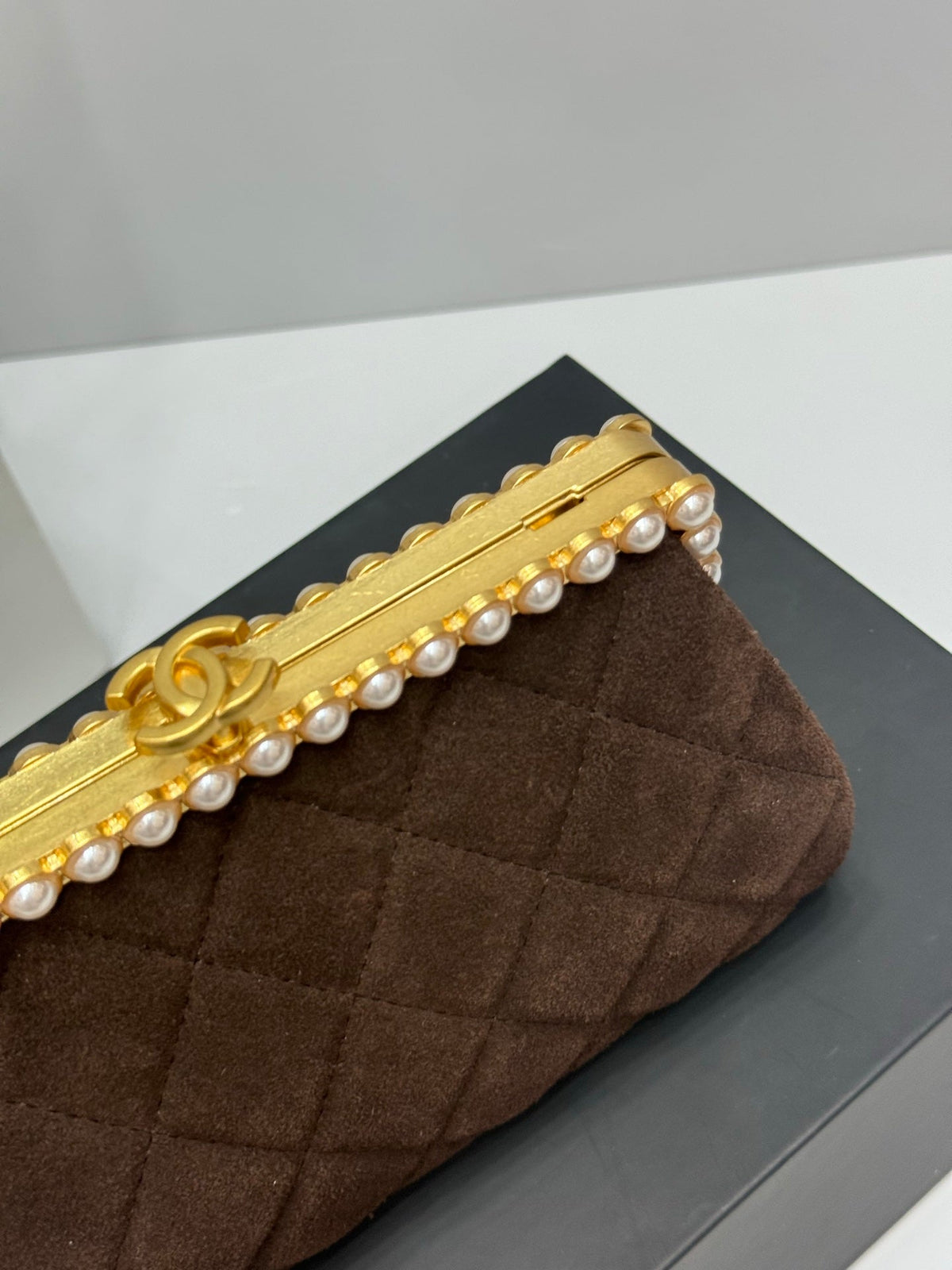 Chanel 2026 Pearl Clutch Brown Gold Velvet Leather
