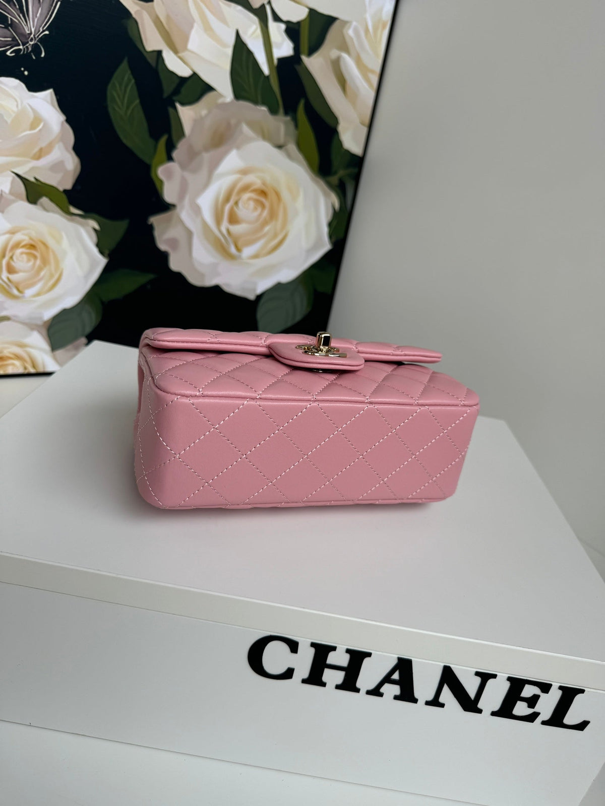 24c mini flap bag 20cm with top handle pink calfskin silver hardware