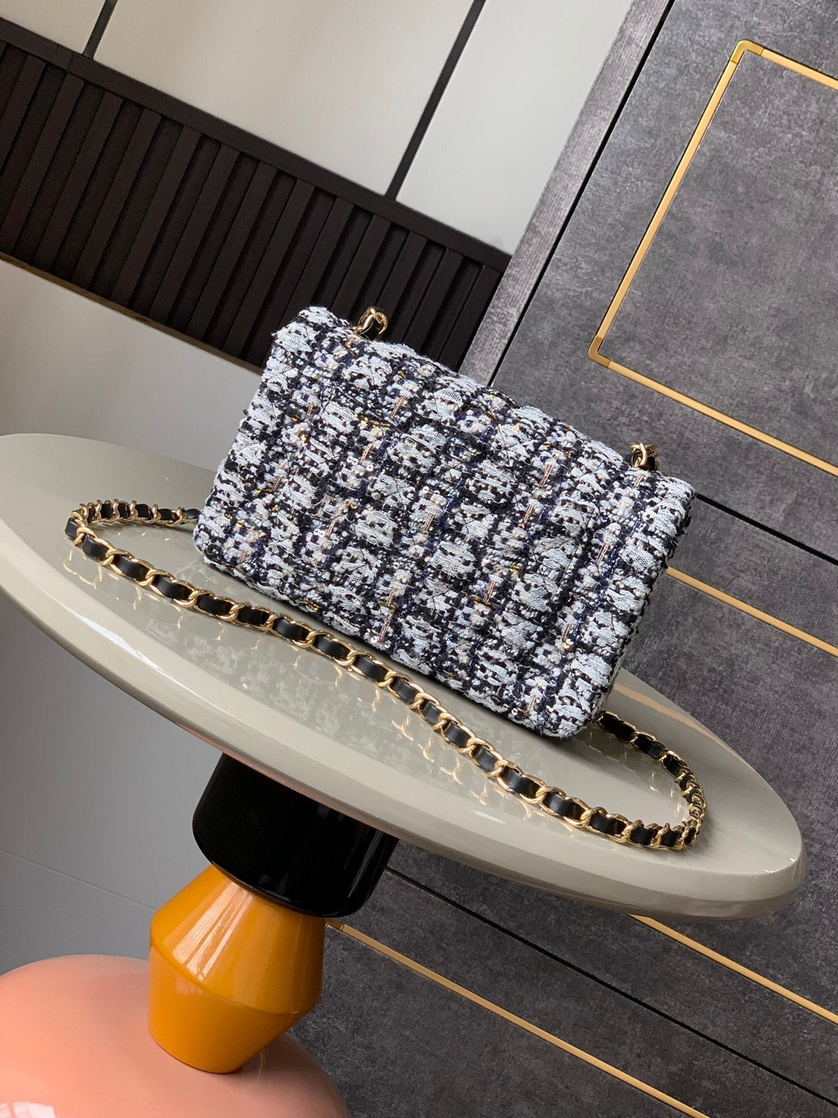 Flap Bag Mini 20cm Black White Tweed Sequin