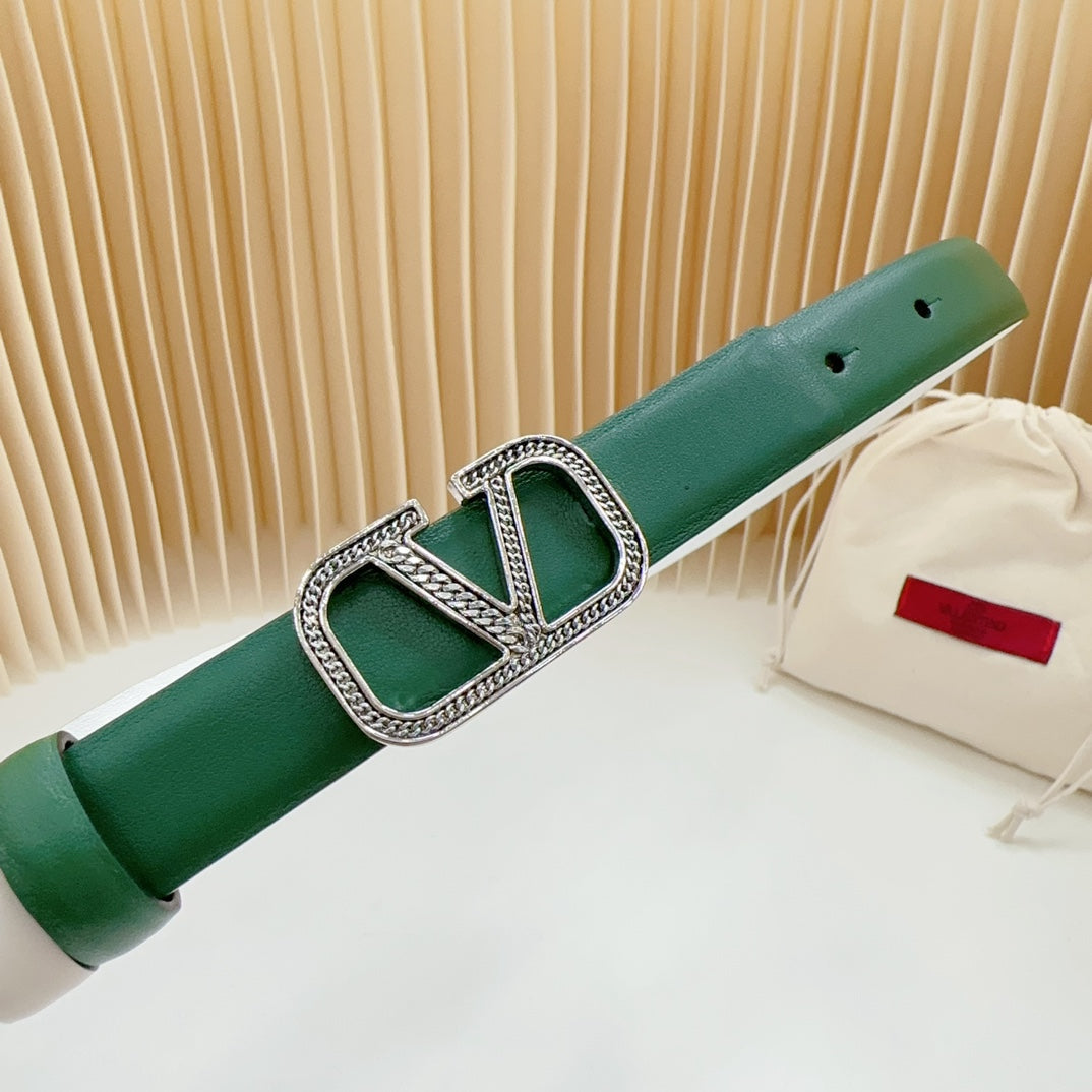 Vlogo Buckle Water Wave Silver Copper Glossy Dark Green White Leather 20mm Belt