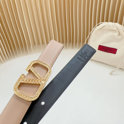 Vlogo Buckle Water Wave Gold Copper Glossy Beige Black Leather 20mm Belt