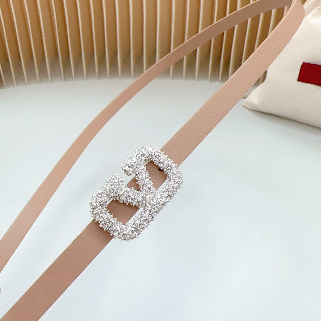 VL Belt 8mm Buckle Silver Diamond Leather Beige