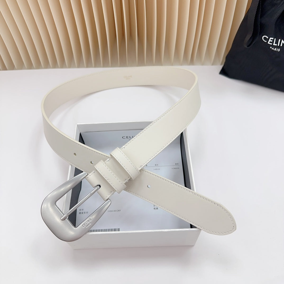LARGE WESTERN 35 MM BELT WHITE CALFSKIN SILVER HARDWARE