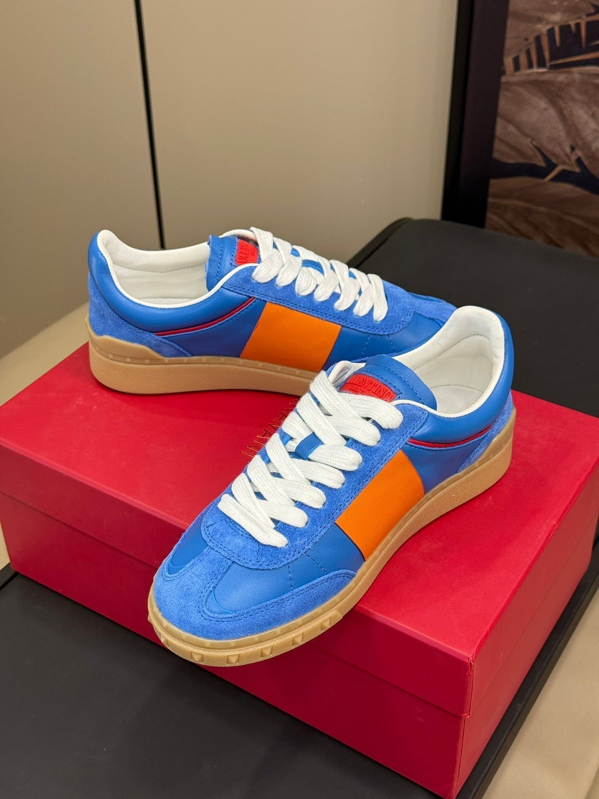 Upvillage Trainer In Blue Mix Orange Suede With Laminated Calfskin 992730