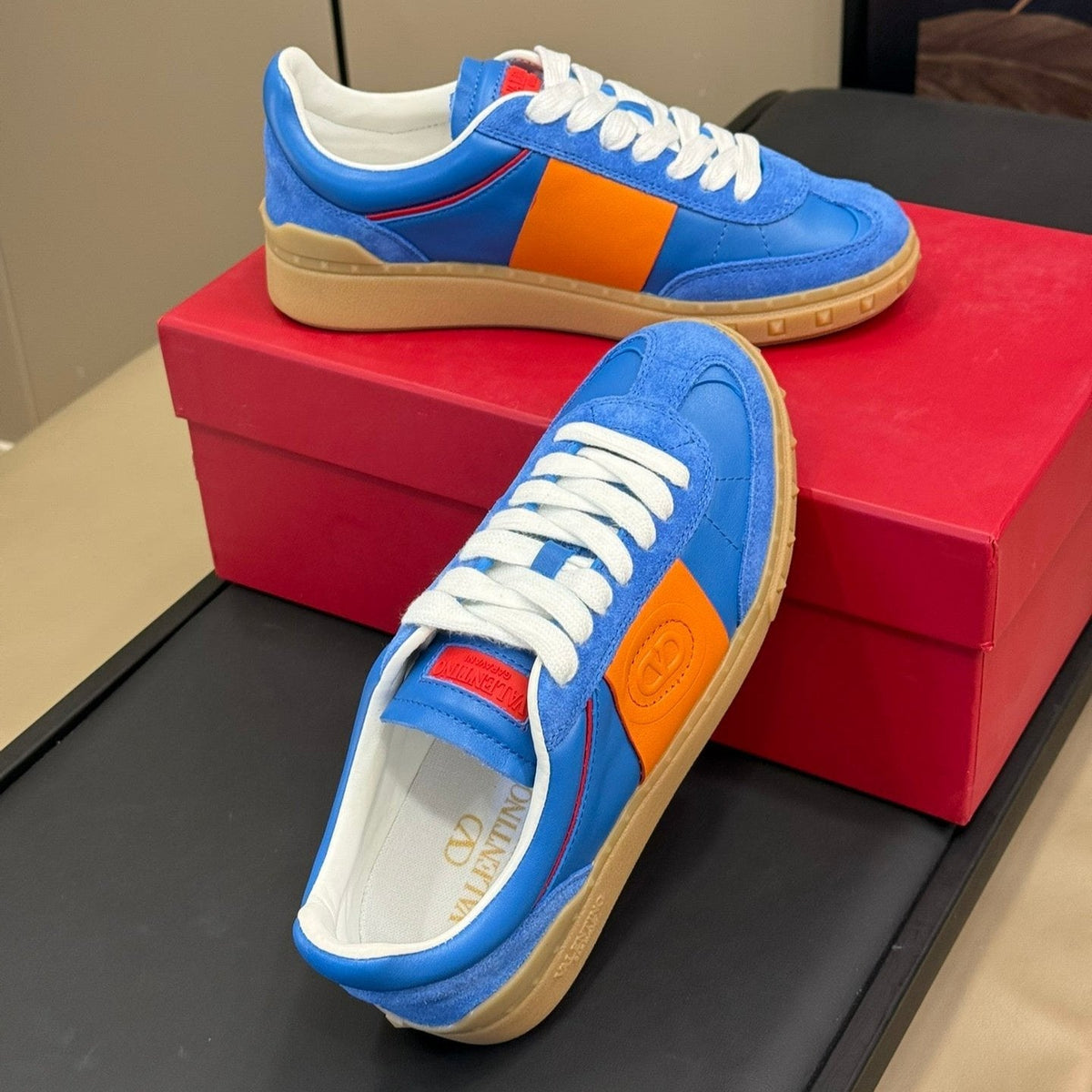 Upvillage Trainer In Blue Mix Orange Suede With Laminated Calfskin 992730