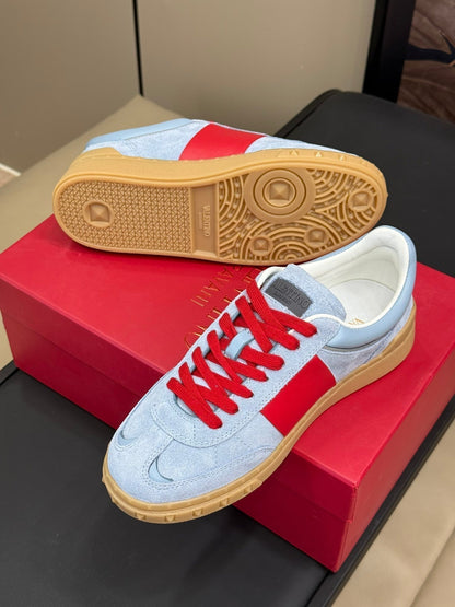 Upvillage Trainer In Light Blue Mix Red Suede With Laminated Calfskin 992731