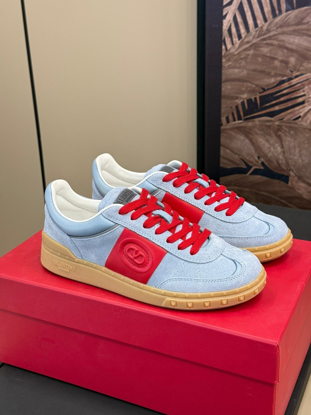 Upvillage Trainer In Light Blue Mix Red Suede With Laminated Calfskin 992731