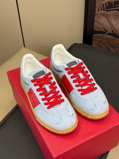 Upvillage Trainer In Light Blue Mix Red Suede With Laminated Calfskin 992731