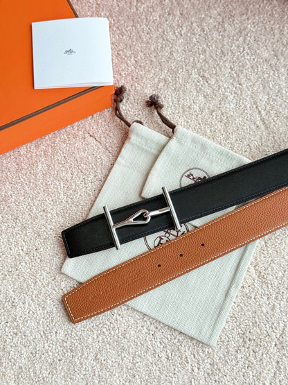 HM Jumbo Buckle Belt 38mm Brown Black Leather 187559