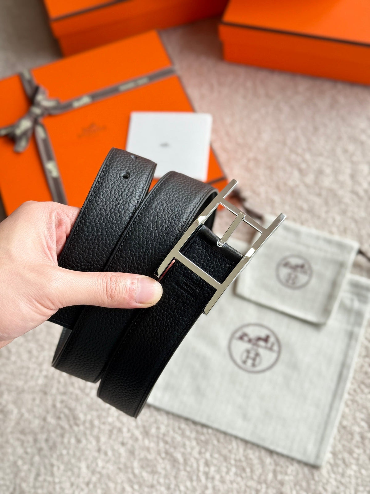 HM Silver Quentin Reversible 32mm Belt Black Leather 188086