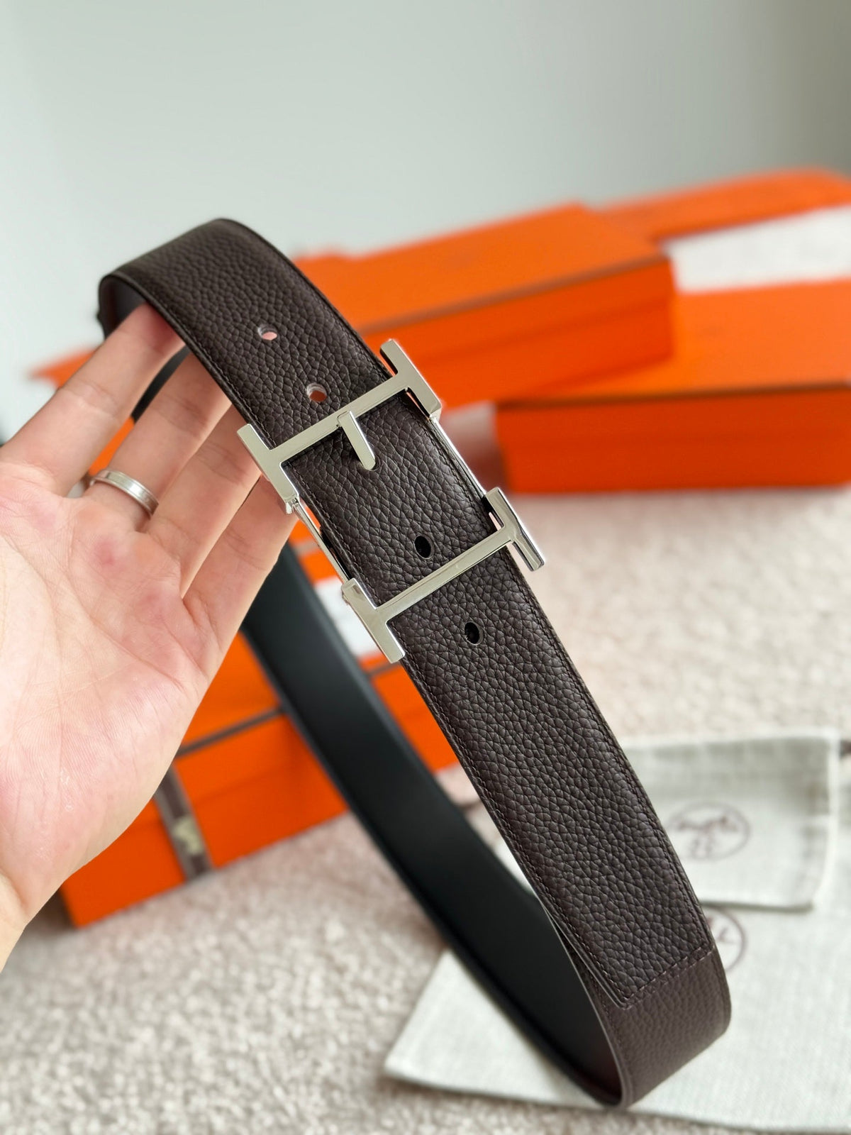 HM Silver Hadrien Reversible 38mm Belt Black Chocolate Leather 188079